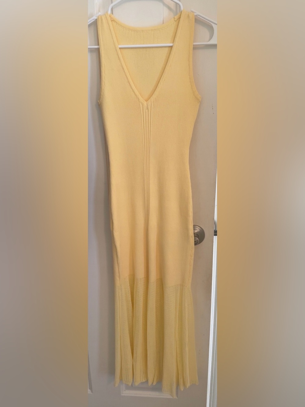 Yellow Ribbed V-Neck Midi Dress